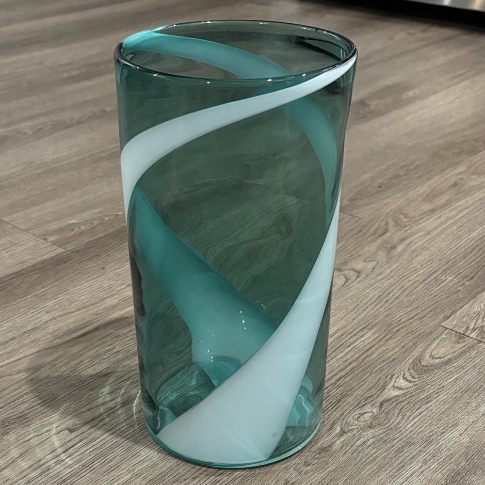 Large Handblown Teal and White Swirl Glass Vase 11”x5”